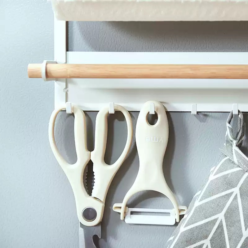 Magnetic organizer with shelf, paper towel bar, and hooks