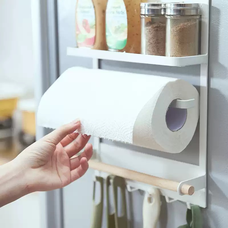 White magnetic refrigerator rack with wood accent