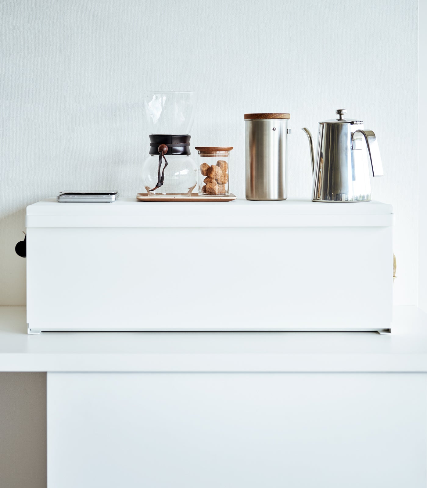 White bread box with countertop storage use