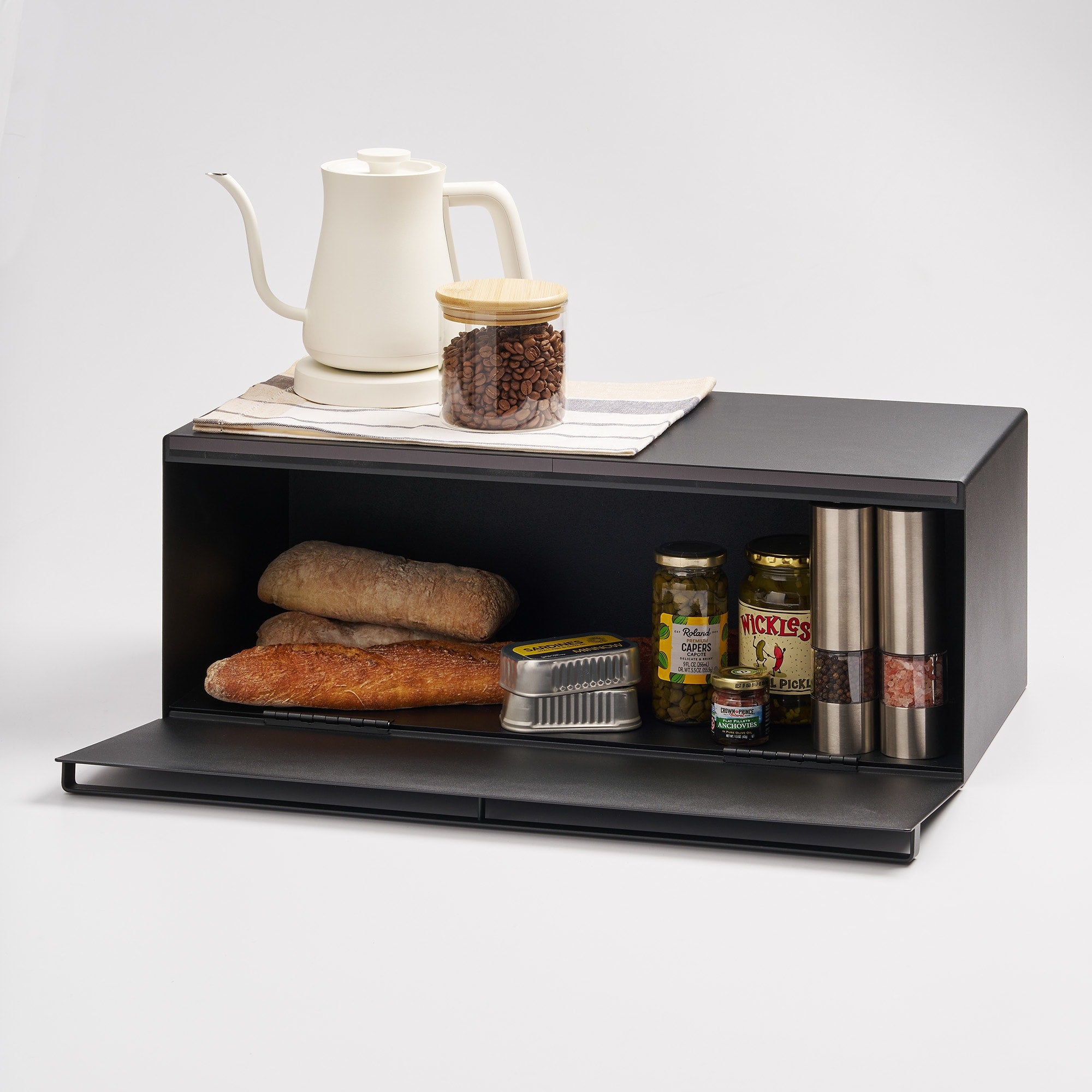 Black wide steel bread box front view