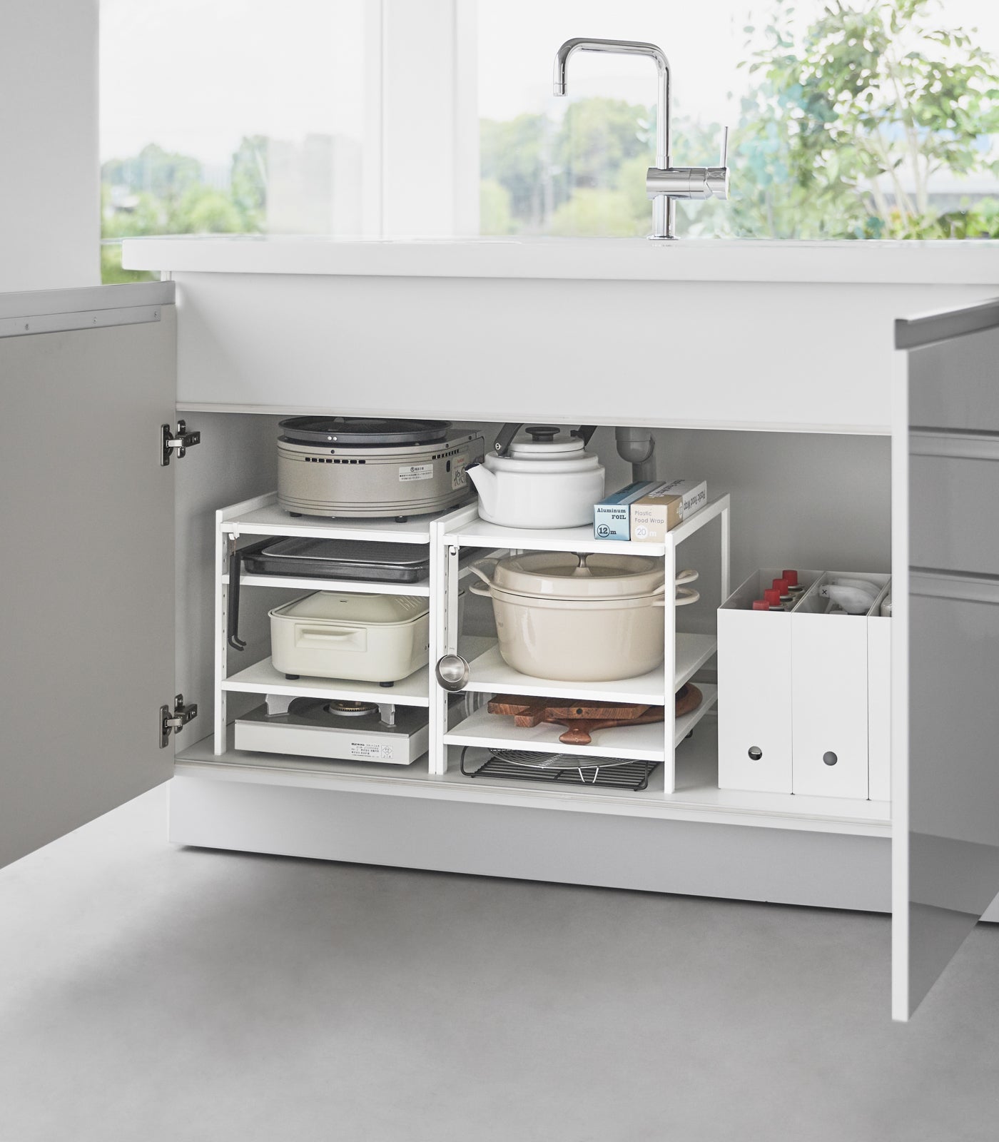 White cabinet storage rack angled product view