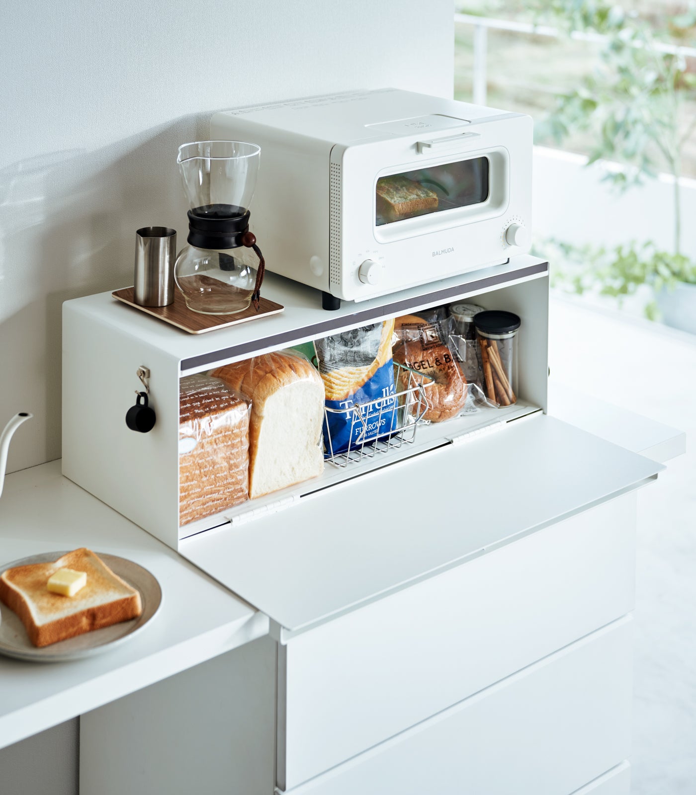White steel bread box interior detail