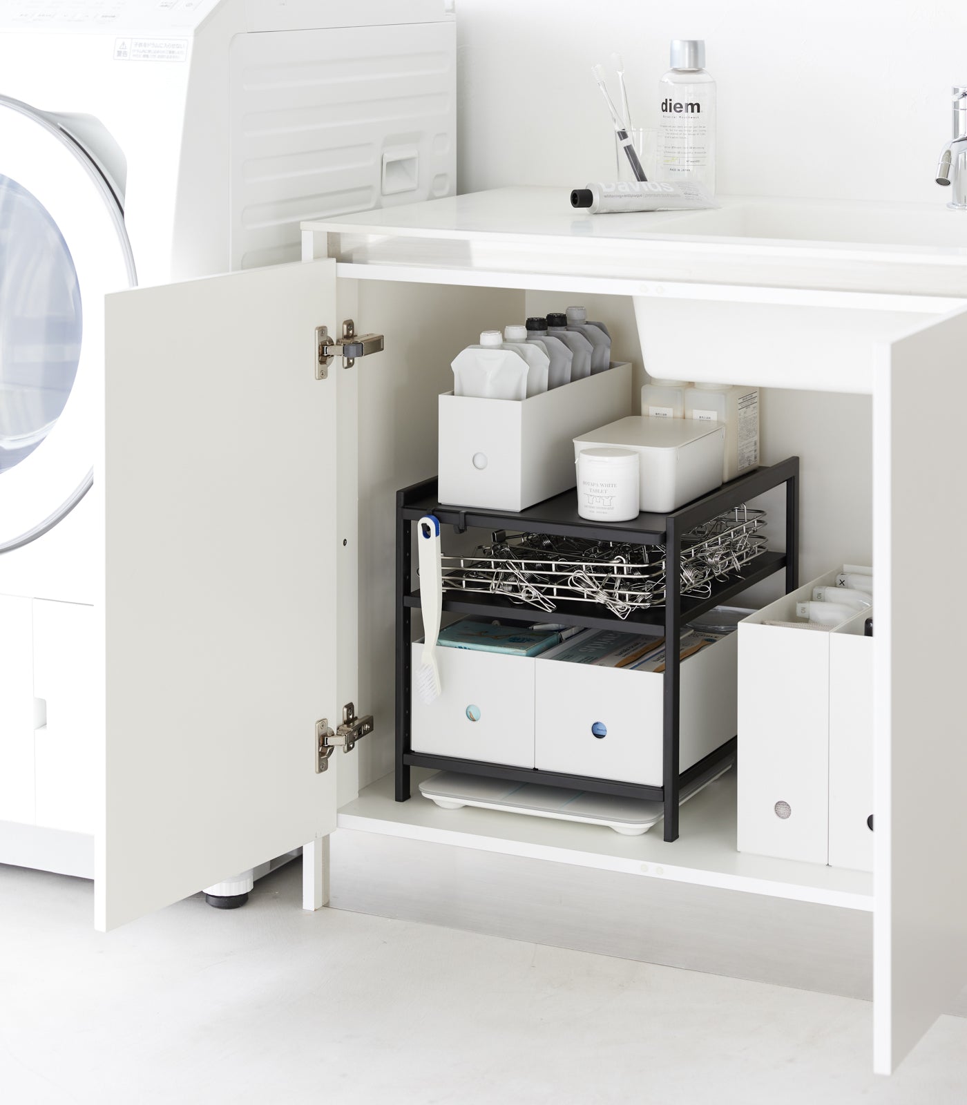 Black cabinet storage rack angled product view