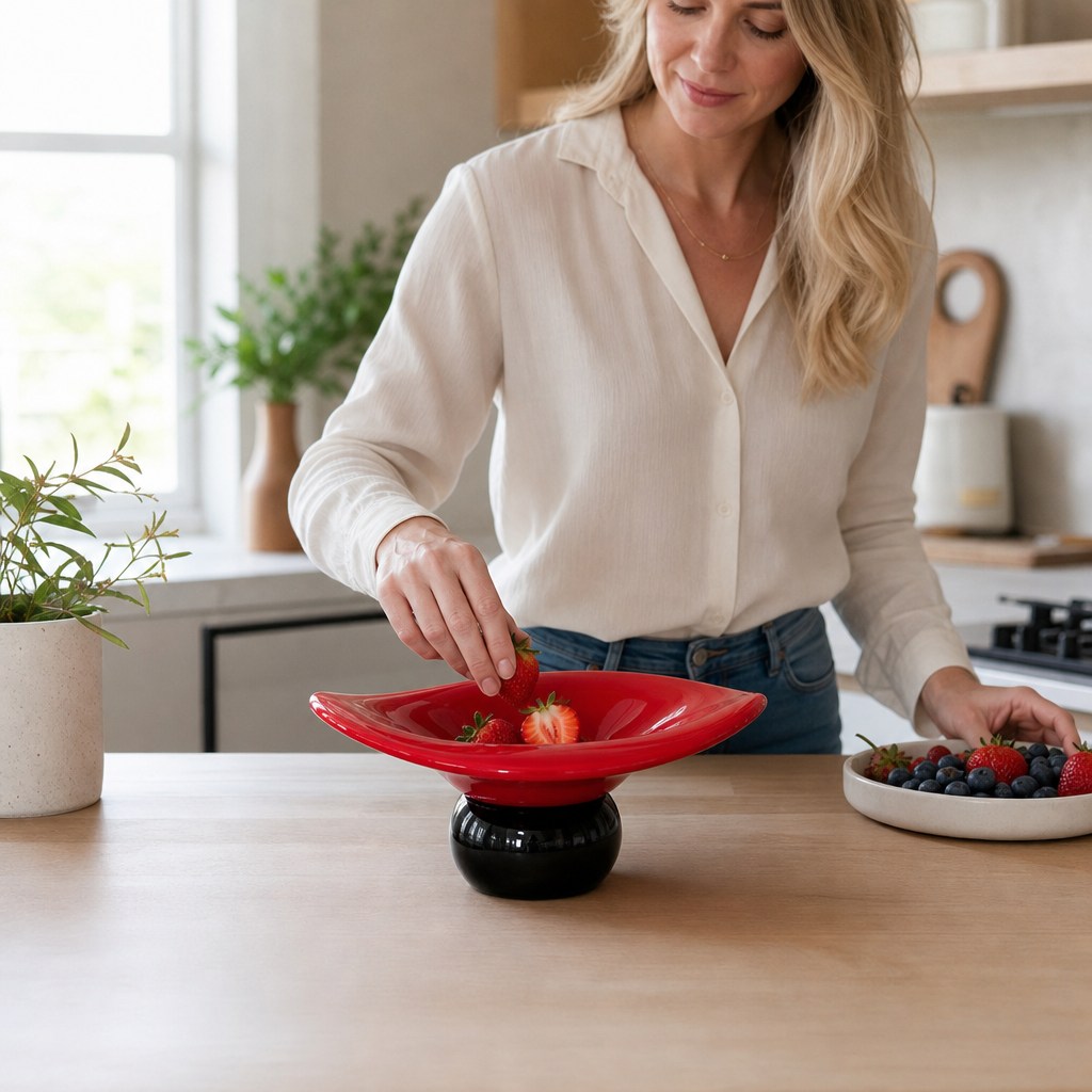 Ceramic fruit plate side view with serving forks