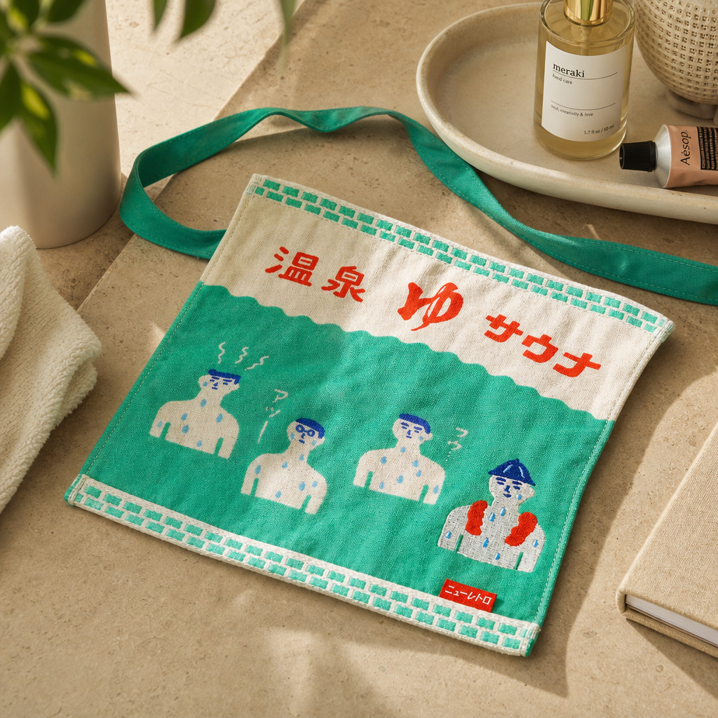 Retro hand towel folded with illustrated pattern